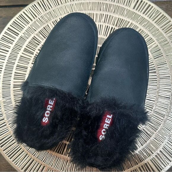 Sorel Go - Errand Run Women's Slippers Size 6 Black Leather & Faux Fur EUC - Picture 3 of 9